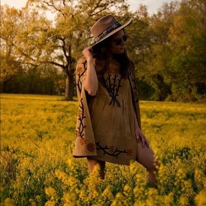 Vintage Suede Leather Floral Embroidered Cape